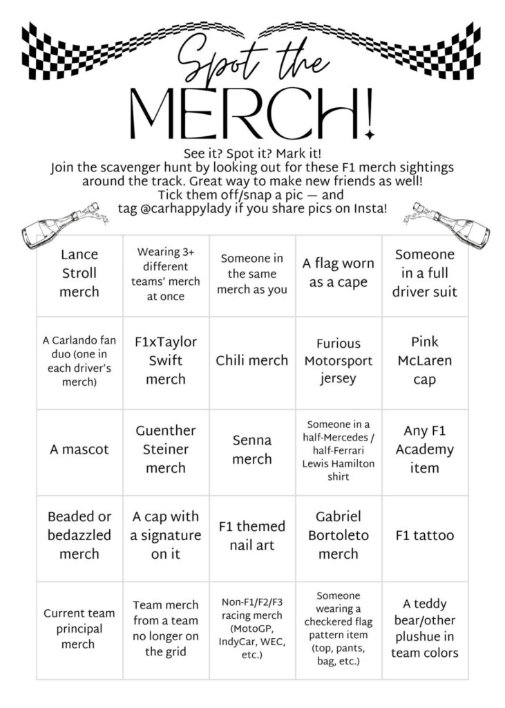 Spot the merch bingo sheet with a 5 times 5 bingo card